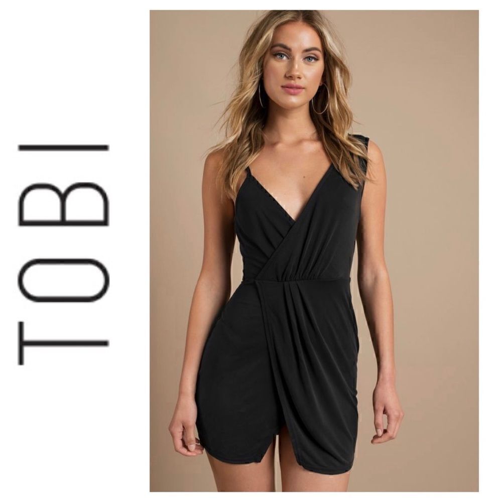 Nwt Tobi Queen Elizabeth Asymmetrical Wrap Mini Dress In Black, Size Small